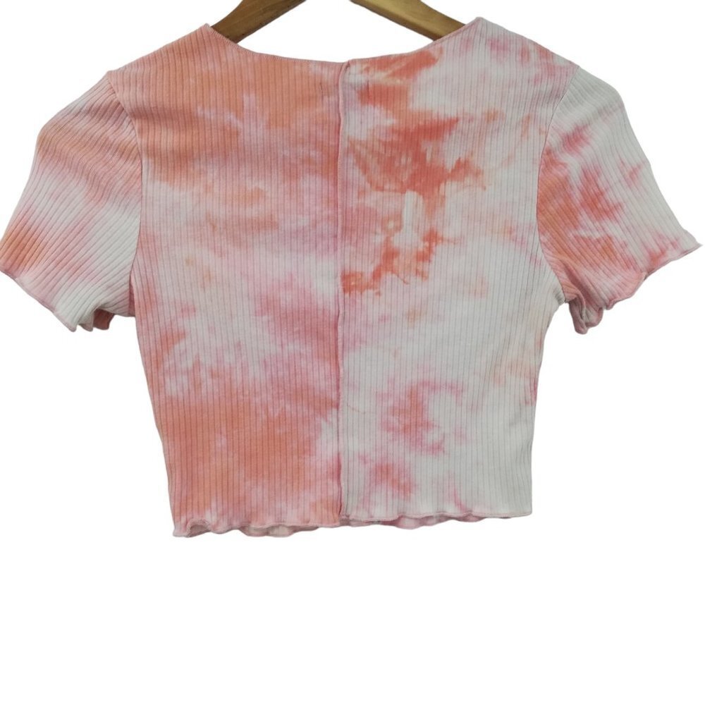Princess Polly Tie Dye Pink Ribbed Knit Crop Top Size 8 Short Sleeve Shirt White - Picture 7 of 11